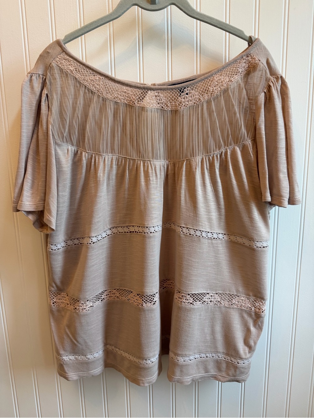 American Eagle Outfitters Taupe Crochet-Trim Flutter Sleeve Tunic